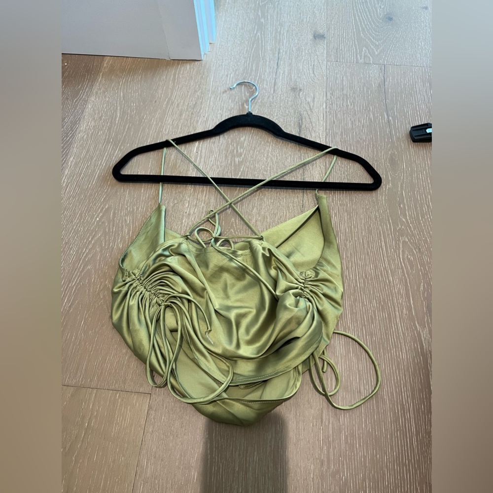 White fox green satin cowl neck top
